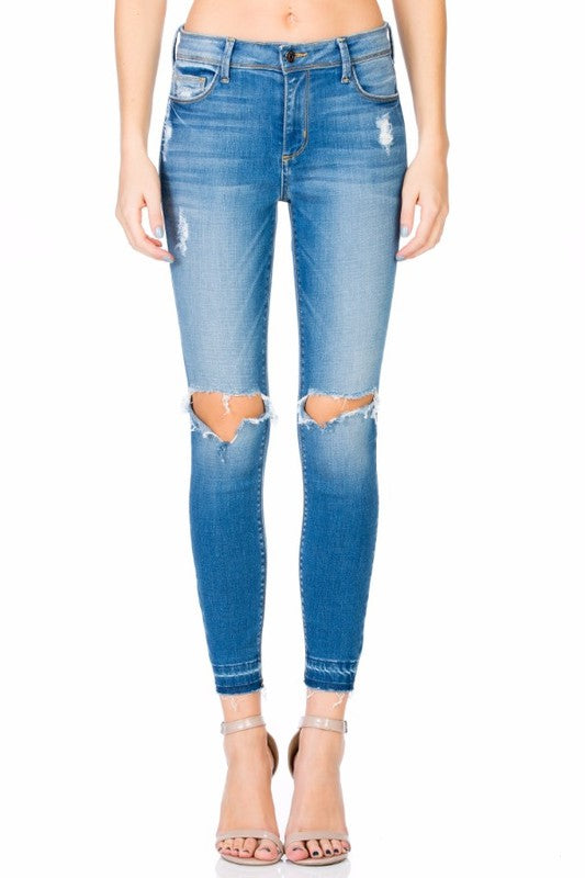Final Sale - Cello - Mid Rise Crop Skinny with Knee Rips - Medium Wash
