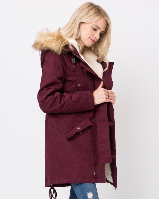 Faux Sherpa Lined Hooded Utility Parka Jacket in More Colors