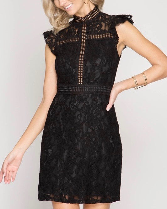 Cherry on Top Lace Mock Neck Dress in Black