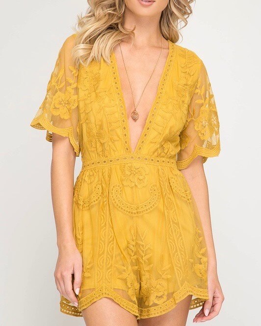 For What It's Worth Lace Romper in Mustard