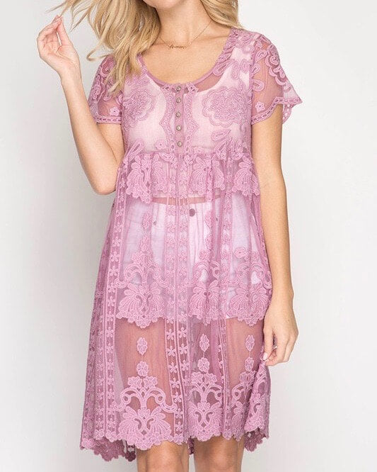 Sheer Short Sleeve Crochet Lace Dress in More Colors