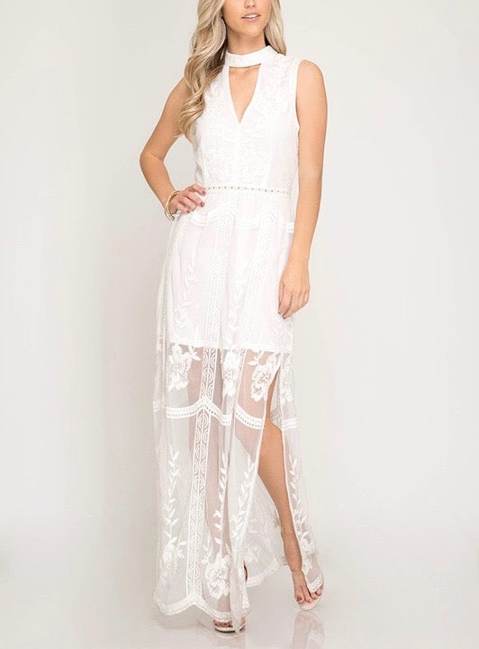 Girl Talk Sleeveless Mesh Lace Maxi Dress with Side Slit in More Colors