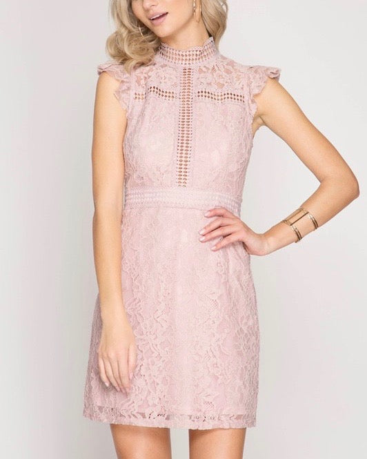 Cherry on Top Lace Mock Neck Dress in Misty Pink
