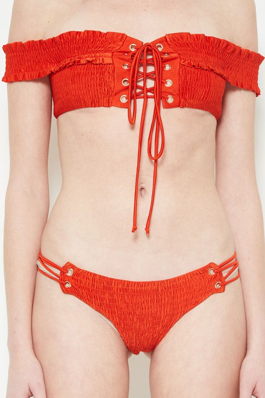 California Girl - Off The Shoulder Smocked Bikini Set in Blood Orange