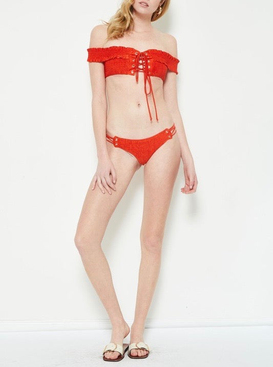 California Girl - Off The Shoulder Smocked Bikini Set in Blood Orange