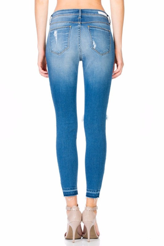Final Sale - Cello - Mid Rise Crop Skinny with Knee Rips - Medium Wash