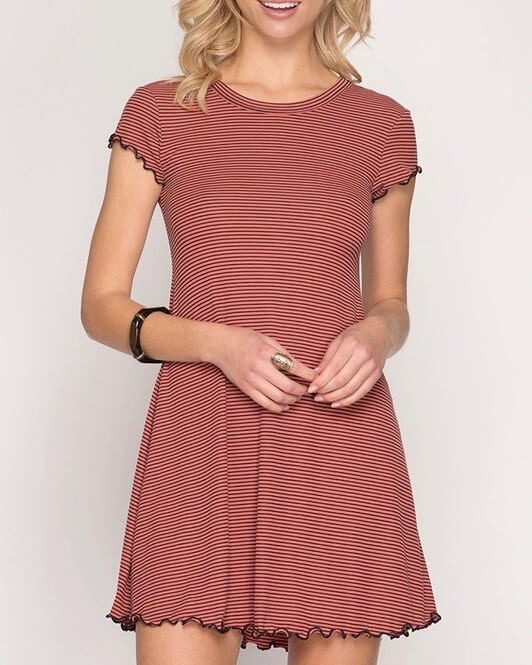 Cap Sleeve Striped Ribbed Swing Dress with Merrow Detail in More Colors