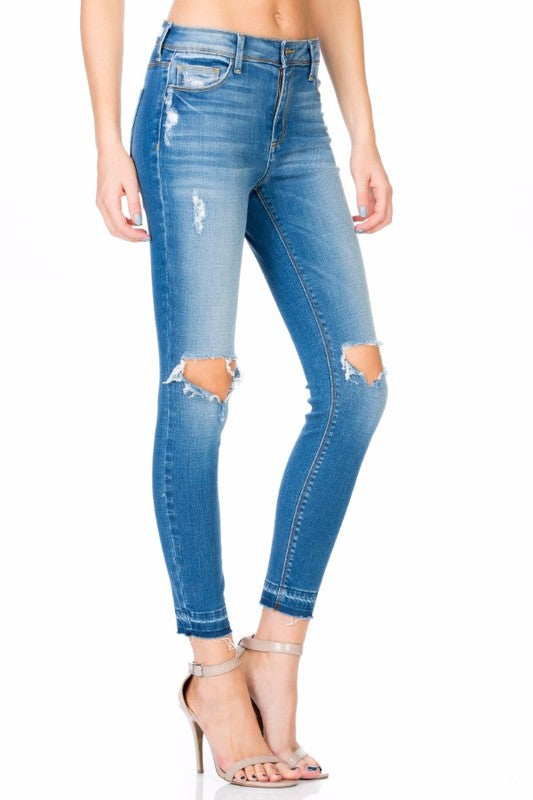 Final Sale - Cello - Mid Rise Crop Skinny with Knee Rips - Medium Wash