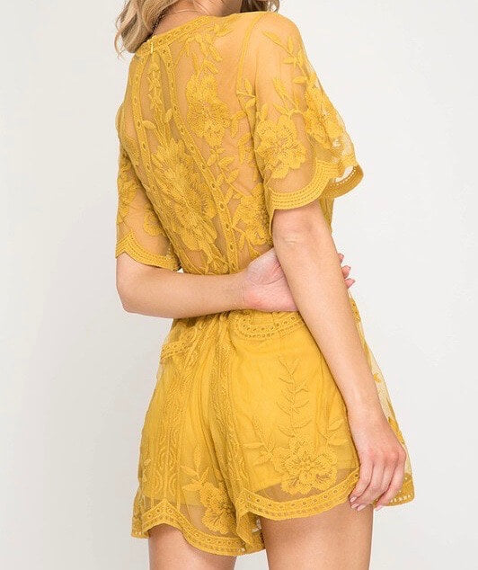 For What It's Worth Lace Romper in Mustard