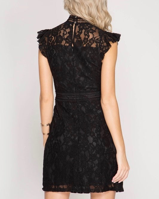 Cherry on Top Lace Mock Neck Dress in Black