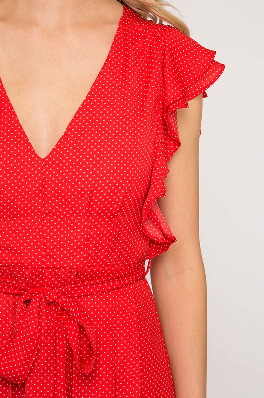 Ruffled Sleeve Polka Dot Print Romper with Maxi Skirt in Red