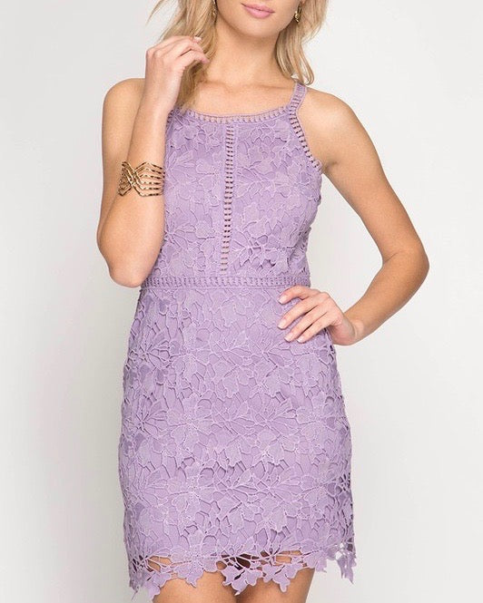 Ashlyn Sleeveless Lace Bodycon Dress in Lilac