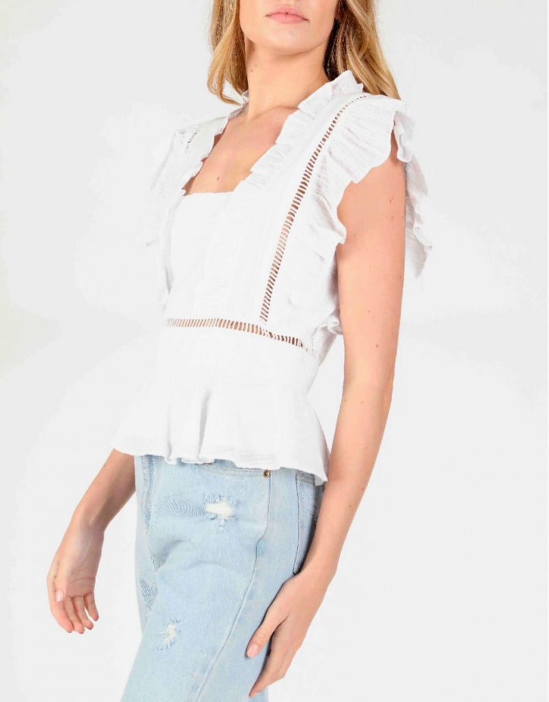 Honey Punch - Square Neck Top With Ruffle Detail in White