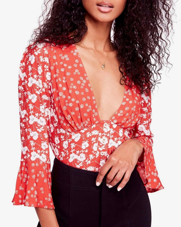 Free People - Lady Bohemian Button Front Floral Printed Blouse - Red