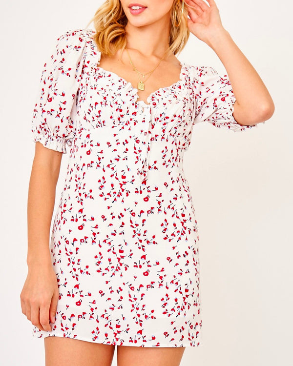 Olivaceous - Flower Print Mini Dress in White