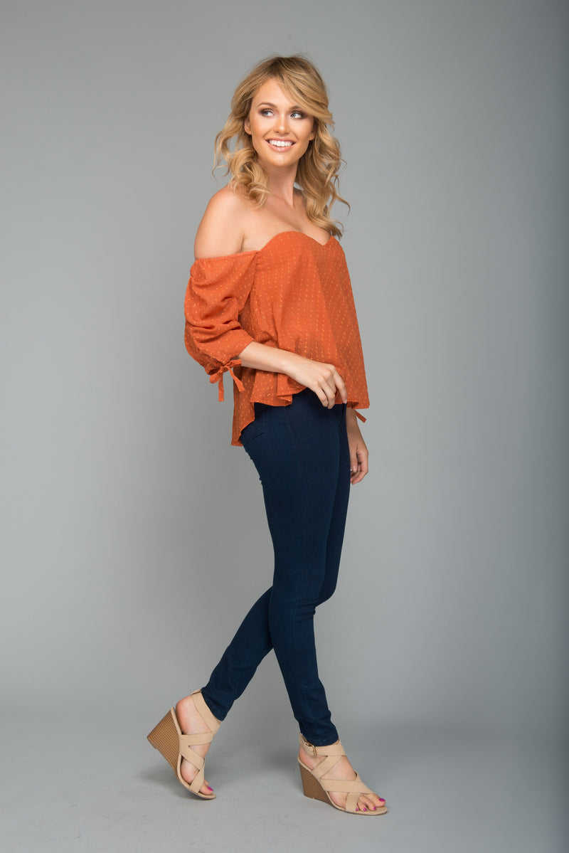 Strapless Off the Shoulder Textured Polka Dot Top in Rust