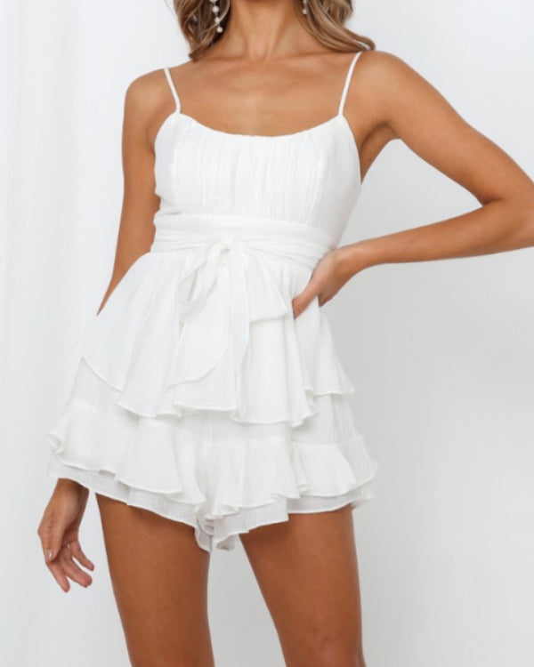 Angel Tiered Ruffle Cami Romper in White