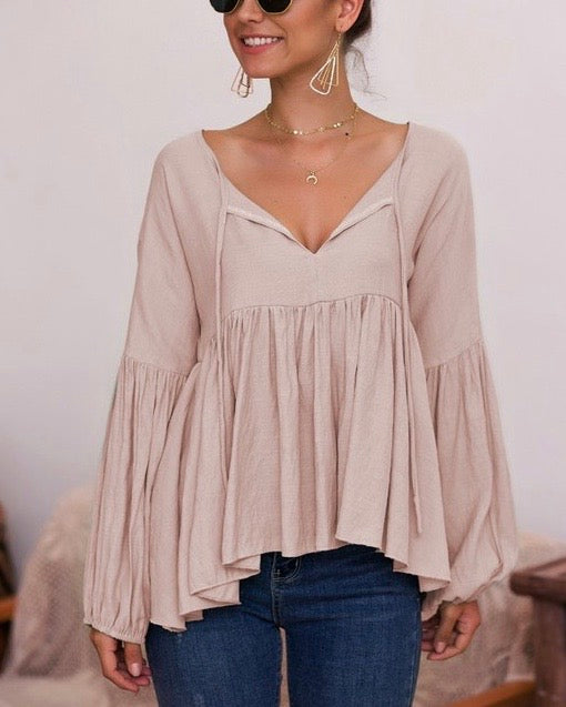 Bohemian Balloon Long Sleeve Relaxed Top in Taupe
