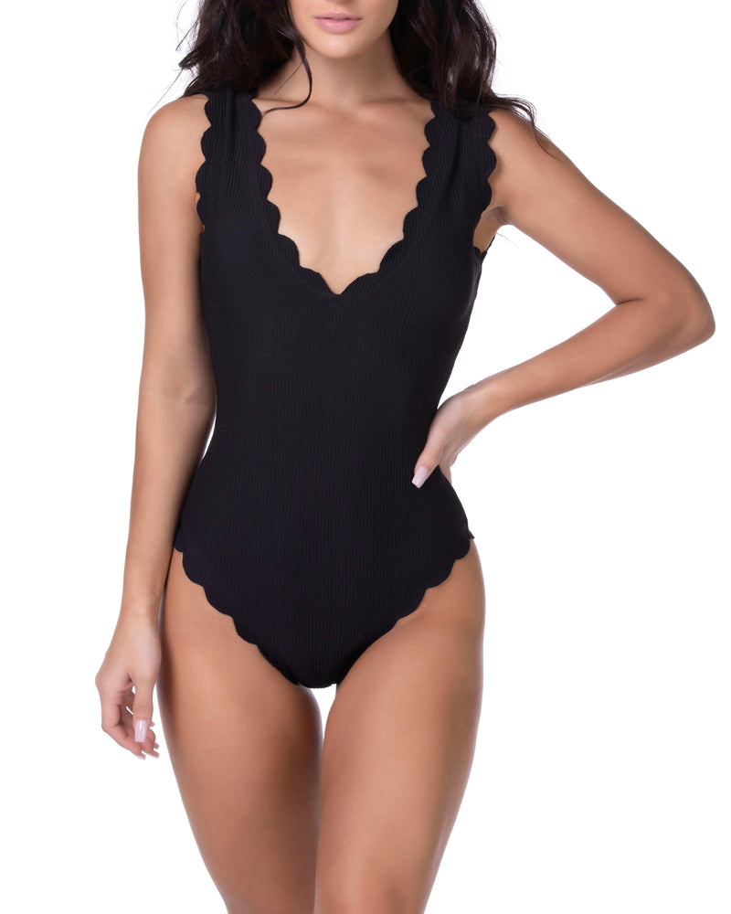 one piece - bathing suit - swimsuit - v neck - scalloped edges - black