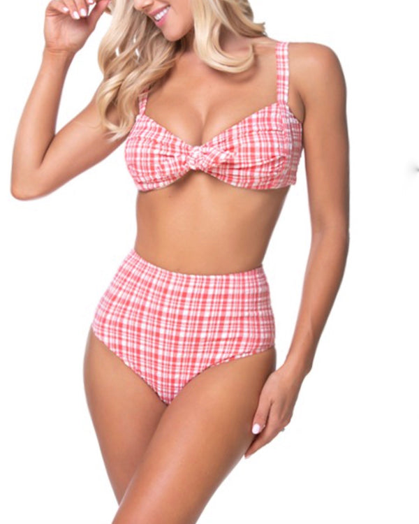 plaid - gingham - front tie - bikini - two piece - swimsuit - high waisted bottoms - red - pink