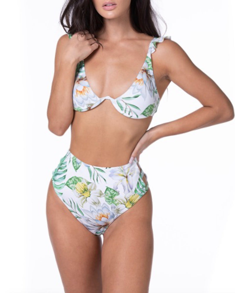 floral - bikini - two piece - swimsuit - ruffled straps - high waisted - underwire - white