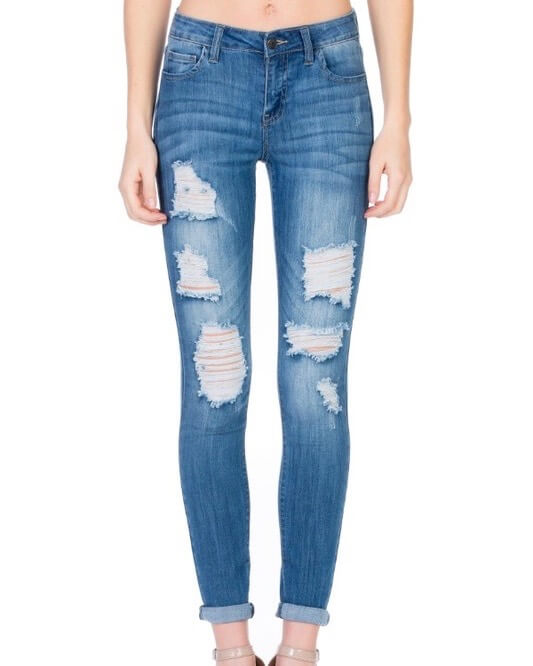 Victoria Destroyed Mid Rise Rolled Skinny in Medium Wash