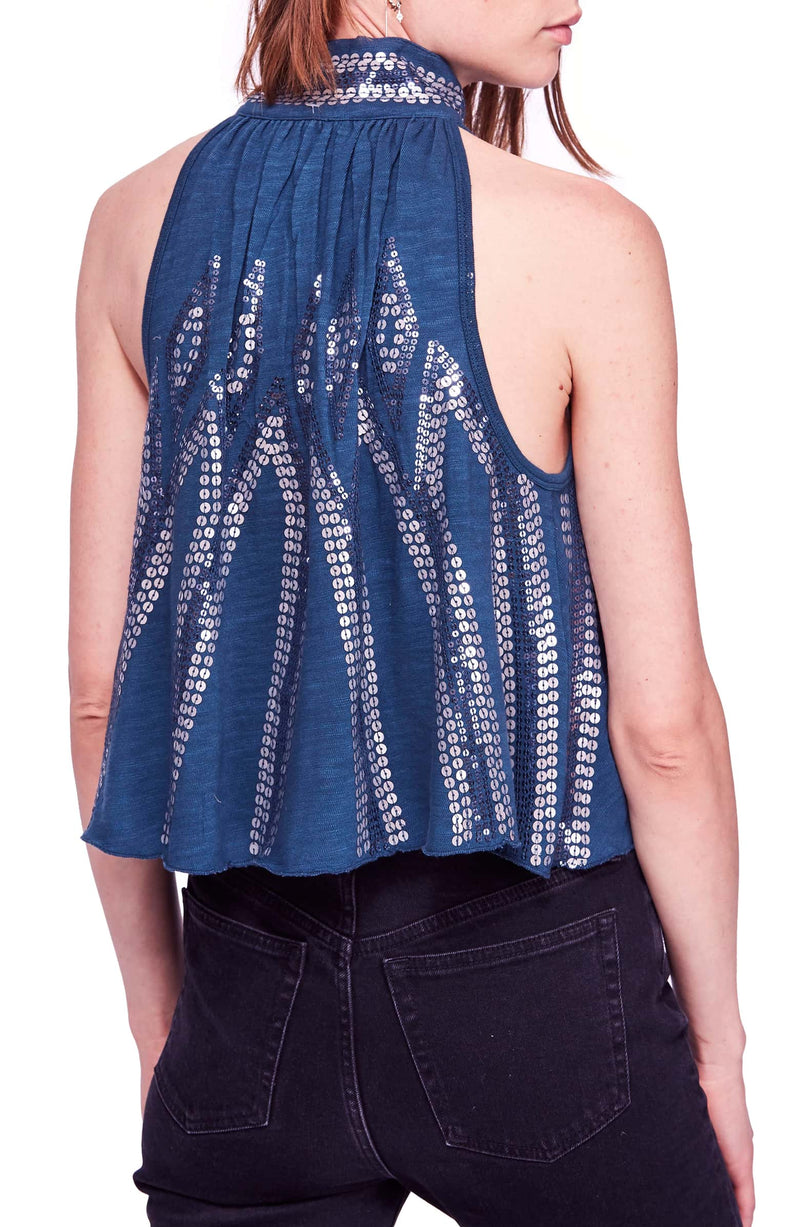 Free People - Glitter City Sequined Tied Mock Neck Tank - Dark Turquoise