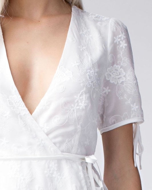 Wild Honey - Short Sleeve Embroidered Wrap Dress - White