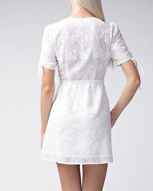 Wild Honey - Short Sleeve Embroidered Wrap Dress - White