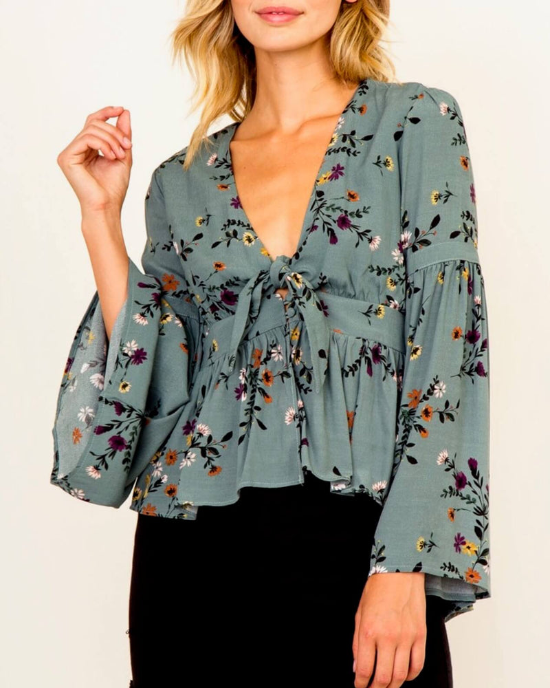Olivaceous - Floral Bell Sleeve Blouse in Teal