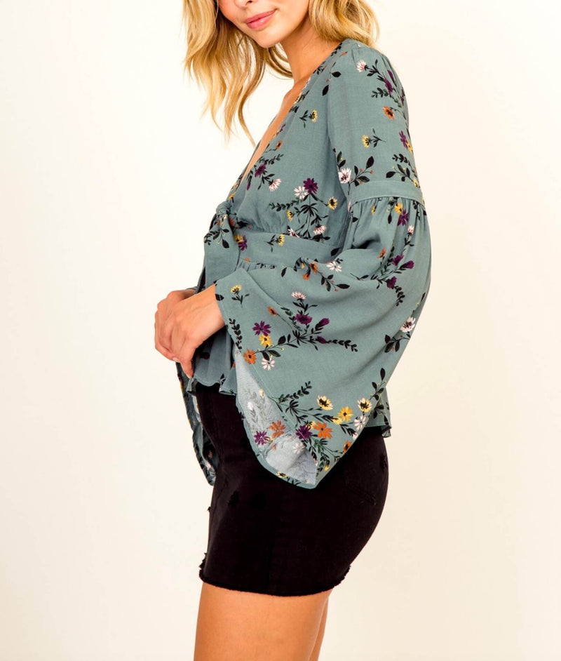 Olivaceous - Floral Bell Sleeve Blouse in Teal