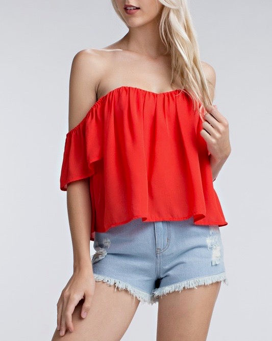 Final Sale - Honey Punch - Casual Chic Off The Shoulder Short Sleeve Top in Cherry Red