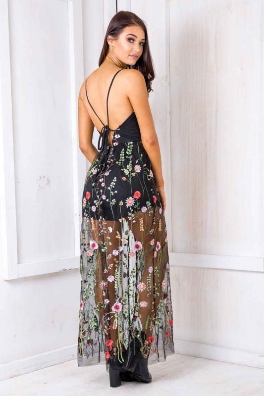 Enchanted Evening Embroidered Lace Maxi Dress in Black