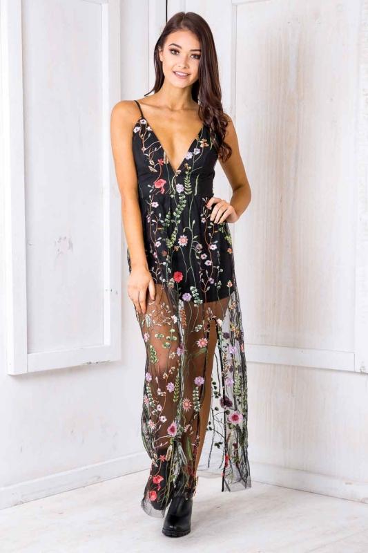 Enchanted Evening Embroidered Lace Maxi Dress in Black