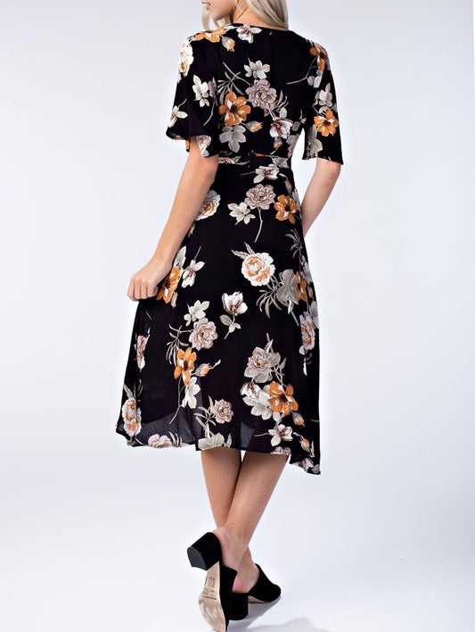 Honey Belle - Floral Wrap Dress in Black/Multi