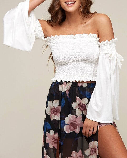 Solid Knit Off The Shoulder Smocked Top in Ivory