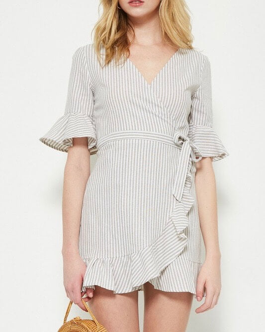 Misty Striped Woven Dress in Taupe