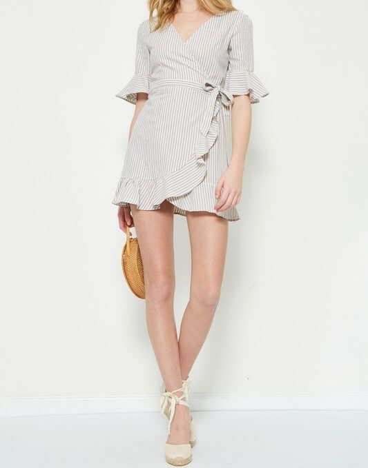 Misty Striped Woven Dress in Taupe