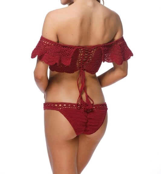 Final Sale - Crochet Off The Shoulder Bikini Set in Burgundy