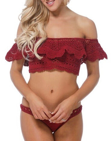 Final Sale - Crochet Off The Shoulder Bikini Set in Burgundy
