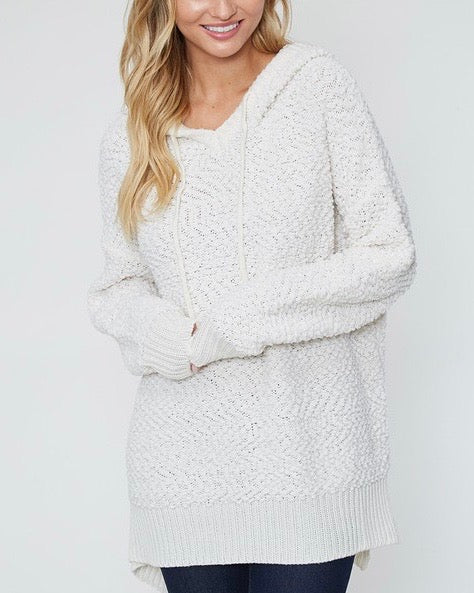 Boxy Fuzzy Long Sleeve Knit Hoodie in Ivory