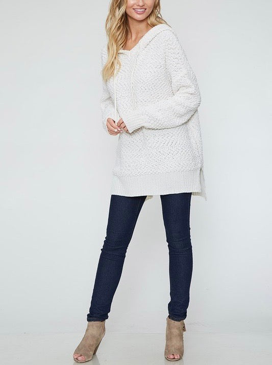 Boxy Fuzzy Long Sleeve Knit Hoodie in Ivory