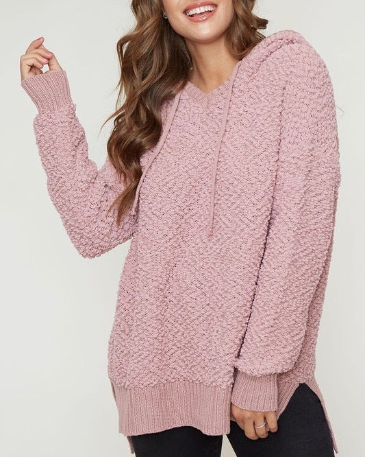 Boxy Fuzzy Long Sleeve Knit Hoodie in Mauve