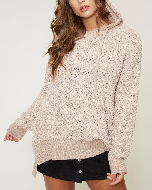 Boxy Fuzzy Long Sleeve Knit Hoodie in Taupe