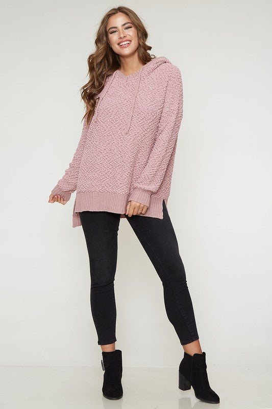 Boxy Fuzzy Long Sleeve Knit Hoodie in Mauve