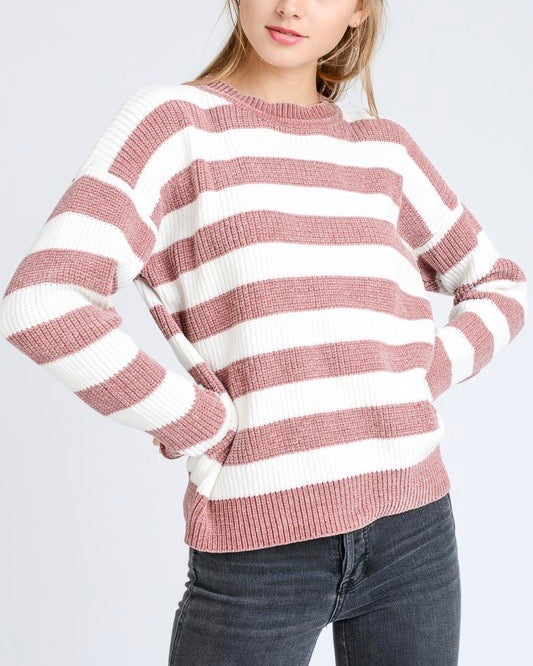Final Sale- Chenille Stripe Mauve White Lightweight Knit Sweater