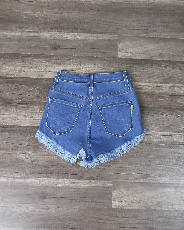 High Waisted Distressed Jean Shorts In Medium Wash
