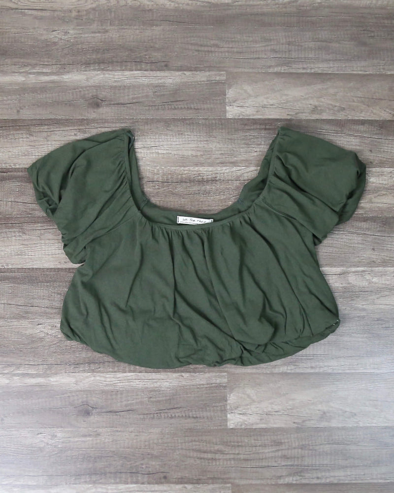 Final Sale - Free People - We The Free Off The Shoulder Ruffle Crop Top in Army