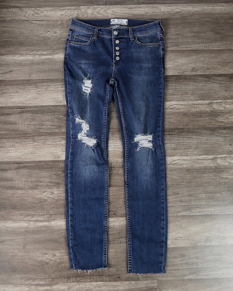 Free People - Reagan Distressed Button Front Jeans in Light Denim
