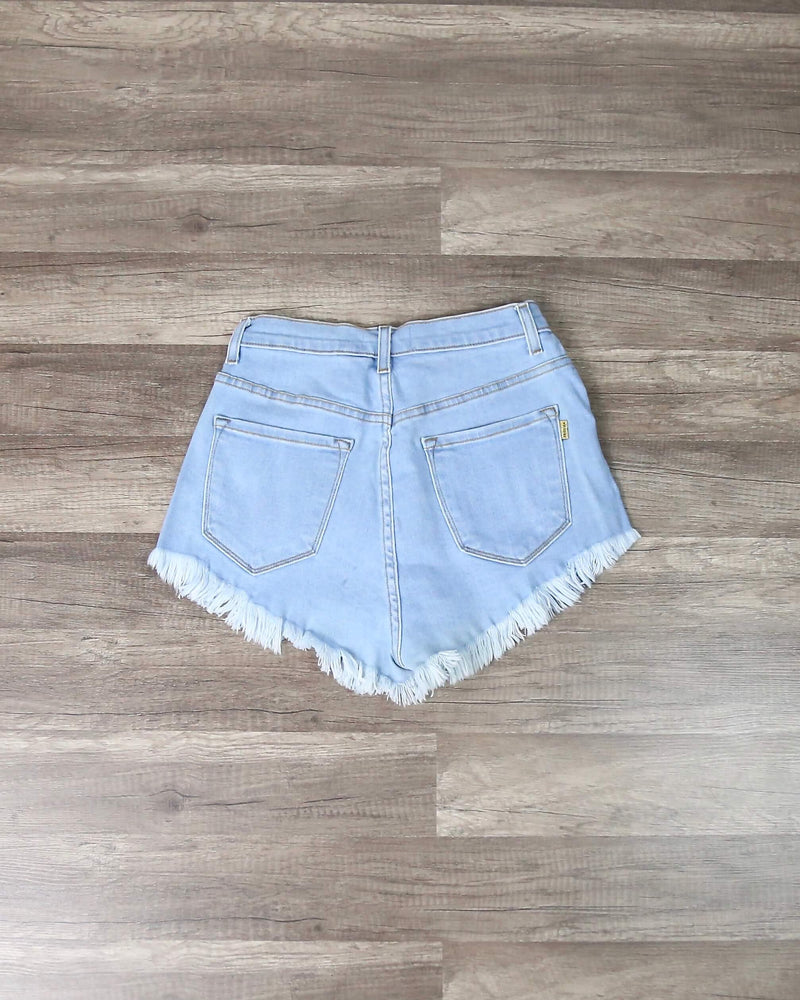High Waisted Distressed Denim Shorts in Light Wash